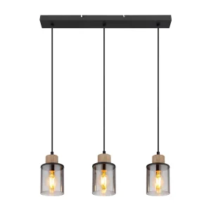 Lámpara de Techo de Madera y Negro con 3 Luces E27 y Tulipas de Cristal Cilíndrico Fumé IP20 Interior – Campiluz - Image 1