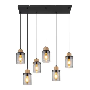 Lámpara de Techo de Madera y Negro con 6 Luces E27 y Tulipas de Cristal Cilíndrico Fumé IP20 Interior – Campiluz - Image 1